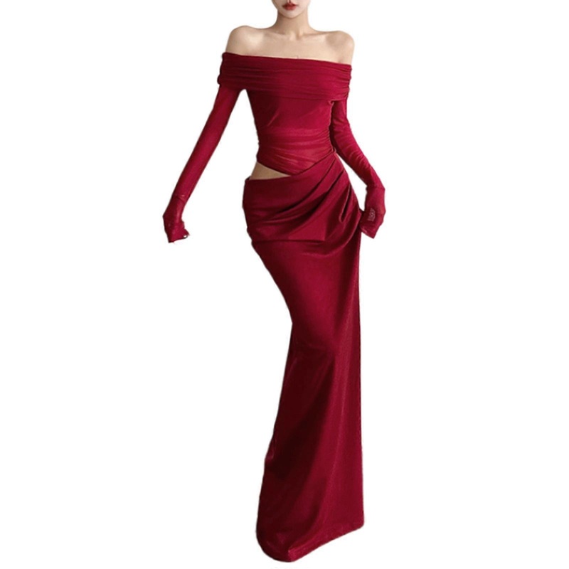 Women’s Stylish Long Sleeve Off Shoulder Ruched Sheer Mesh Maxi Dress Slim Fit Wrap Hip Cutout Gown for Evening Party  Burgundy S | Fruugo SG