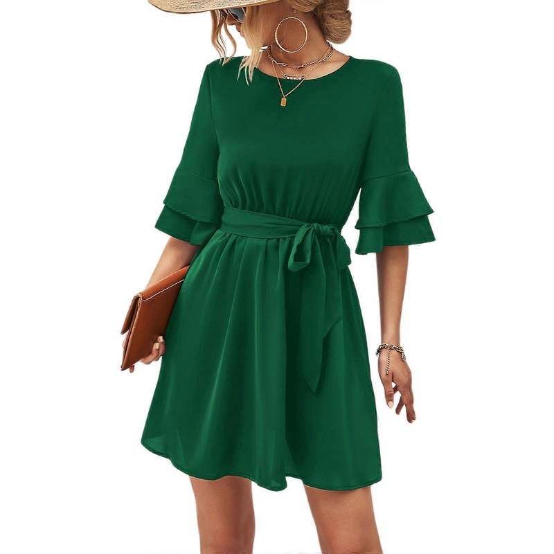 Women’s Summer Short Dress Ruffle Short Sleeve Crew Neck Mini Dress Casual A line Short Dress Flowy Swing Dresses  dark green M | Fruugo SG