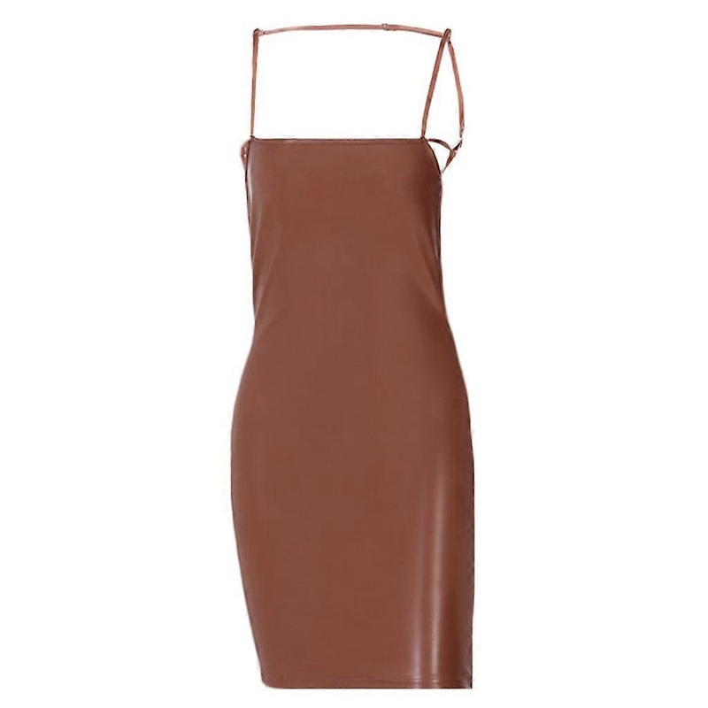 Women Sexy Faux Leather Spaghetti Straps Backless Package Hip Bodycon Mini Dress  Brown | Fruugo SG