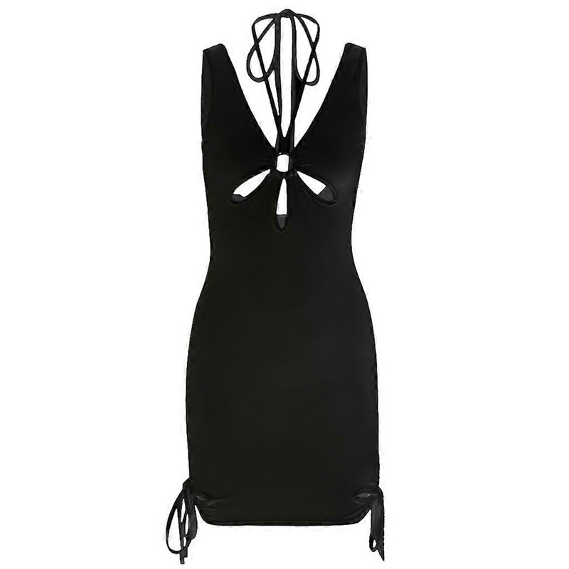 Women Sexy Sleeveless Halter V-Neck Bodycon Mini Dress Backless Hollow Out Front Side Split Lace-Up Solid Color Clubwear | Fruugo SG