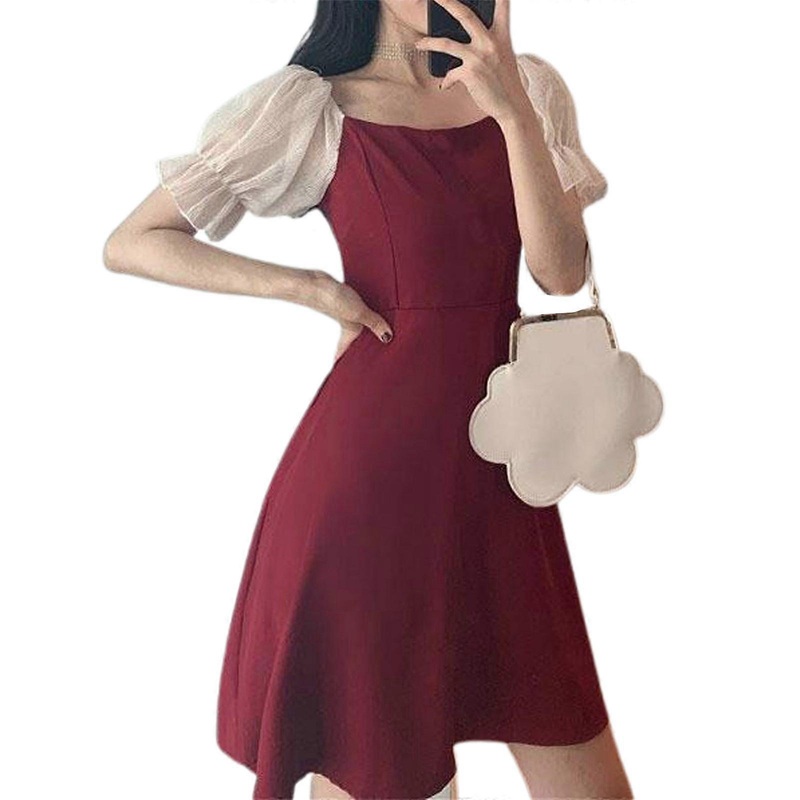 Women Short Puff Sleeve Dress Ruffle Skater Dress Mini Dress Square Neck Dress Elegent A-Line Dress Summer Smocked Dress  Burgundy XL | Fruugo SG