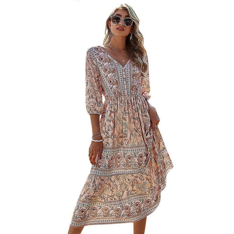 Women Summer 3/4 Puff Sleeve Midi Long A-Line Flowy Dress Bohemian Floral Print V-Neck Button Up Pleated High Waist Beach Sundress | Fruugo SG