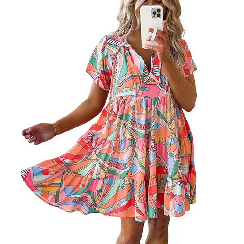 Women Summer Dresses 2023 Casual Flowy Beach V Neck Short Sleeve High Wait Swing Boho Floral Mini Dress  Orange XL | Fruugo SG