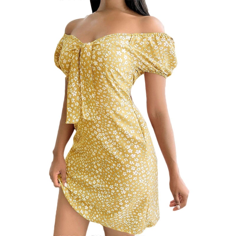 Women Summer Puff Short Sleeve Sexy Off The Shoulder V-Neck Tie Knot Front Midi Dress Floral Printed High Waist A-Line Slim Fit Beach Sundress  | Fruugo SG