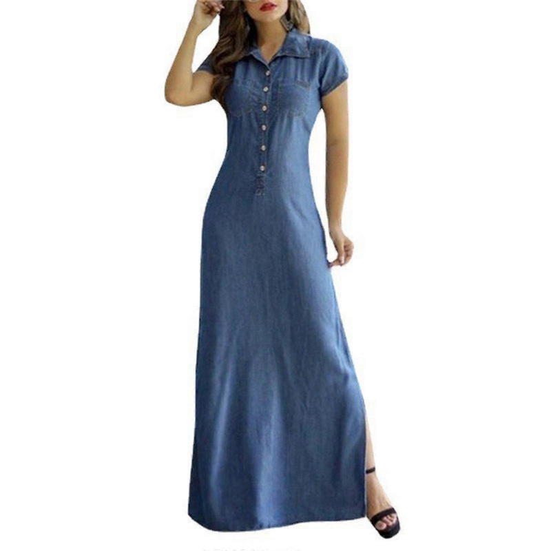 Women Summer Short Sleeve A-Line Side Split Denim Shirt Dress Lapel Collar Button Down Maxi-Long Dresses with Pockets  light blue XL | Fruugo SG