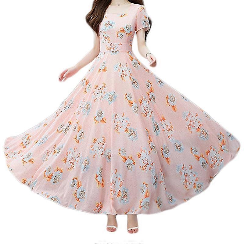 Women Summer Short Sleeve Retro Square Neck Chiffon Maxi Long Swing Dress Boho Floral Print A-Line Flared High Waist Vacation Beach Sundress | Fruugo SG