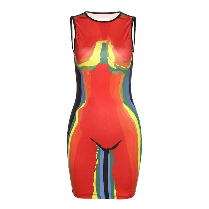 Women Summer Sleeveless O-Neck Bodycon Mini for Tank Dress Rainbow Sexy Body Graphic 3D Printed Package Hip High Waist Night Club Party Wear  S | Fruugo SG