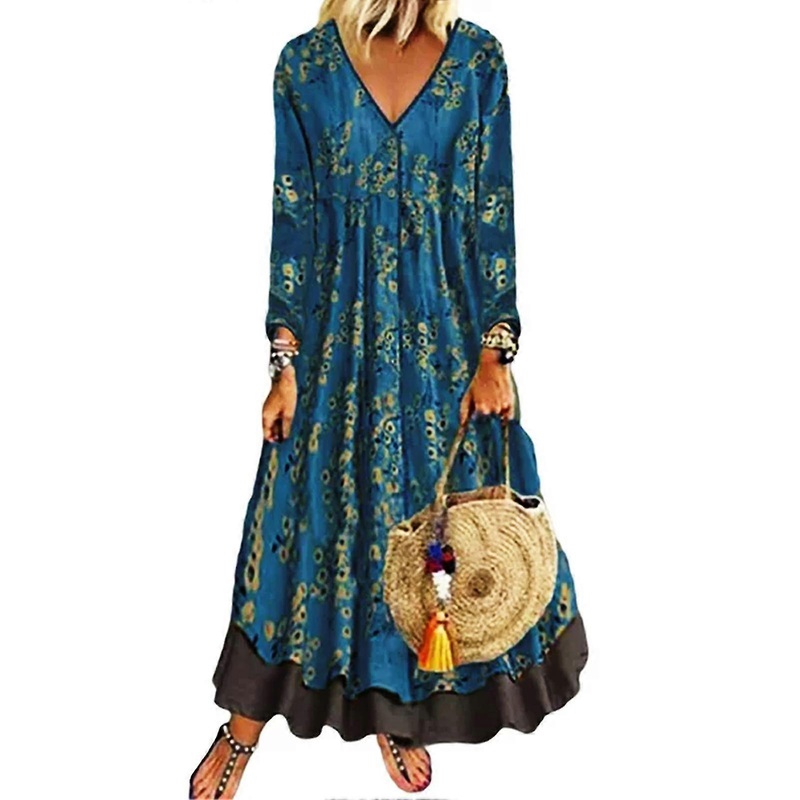 Women V Neck Ladies Maxi Dress A Line Casual Fashion Autumn Winter Full Sleeve | Fruugo SG