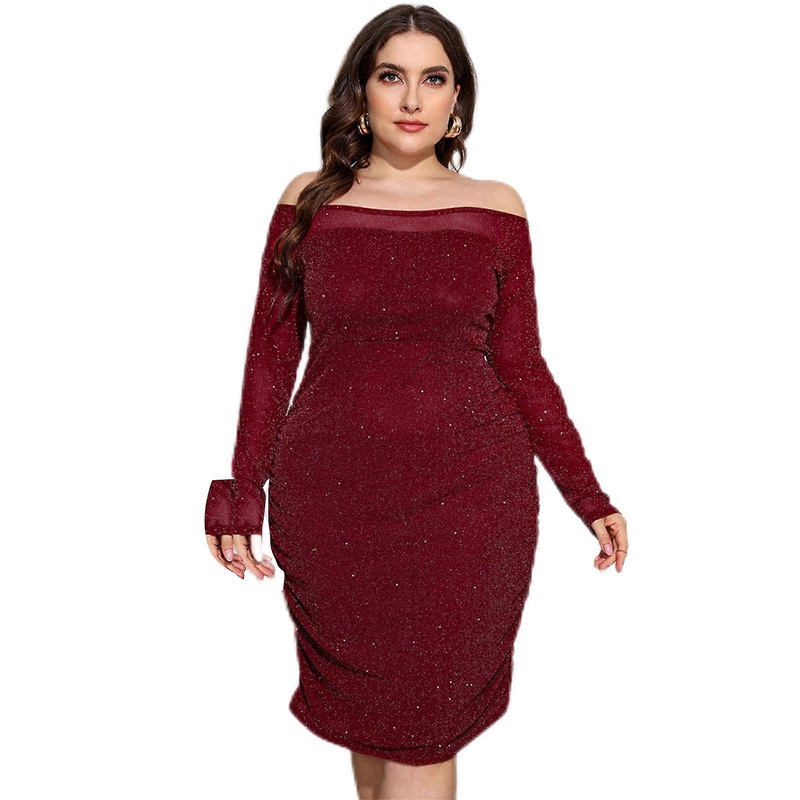 Womens Crewneck Glitter Midi Dress Solid Color Midi Length Long Sleeve See Through Mesh Patchwork Slim Fitted Clubwear  Burgundy XL | Fruugo SG