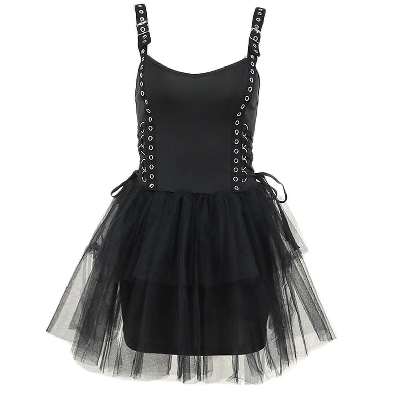 Womens Harajuku Eyelet Straps Mini Cami Dress Gothic Sexy Mesh Long Sleeve Top Crisscross Lace-Up Tulle A-Line Dresses  dress S | Fruugo SG