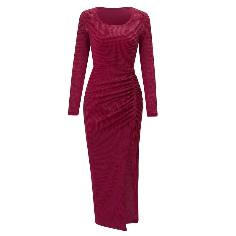 Womens Long Sleeve O-Neck Solid Color Maxi Dress High Waist Long Dress Thigh Slit Drawstring Dress for Party  Burgundy S | Fruugo SG