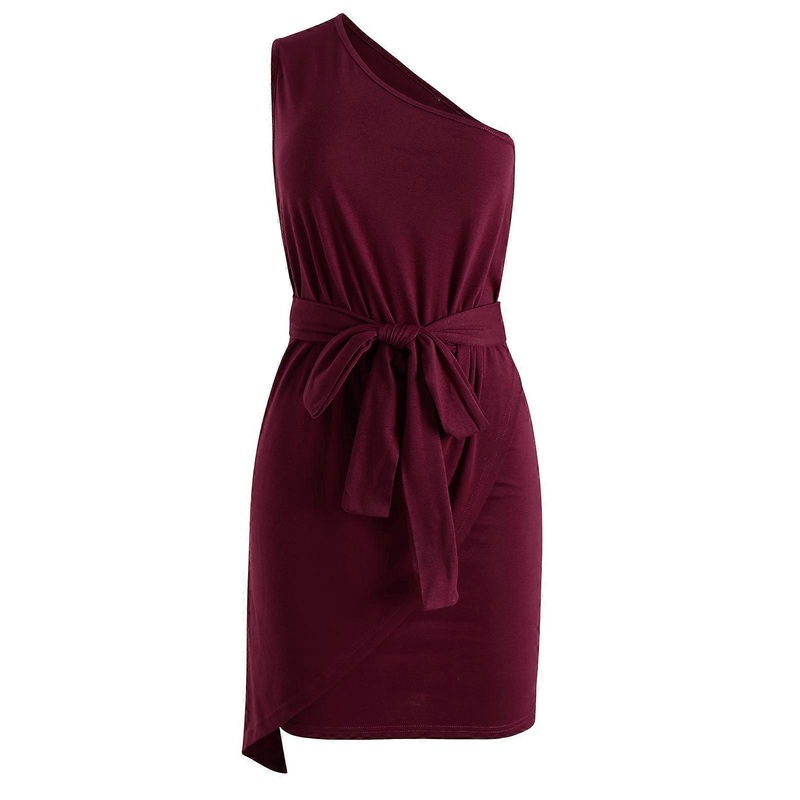 Womens One Shoulder Basic Elegant Office Party Short Dress Sleeveless Elastic High Waist Stretch Belted Solid Color Gown  Burgundy XL | Fruugo SG