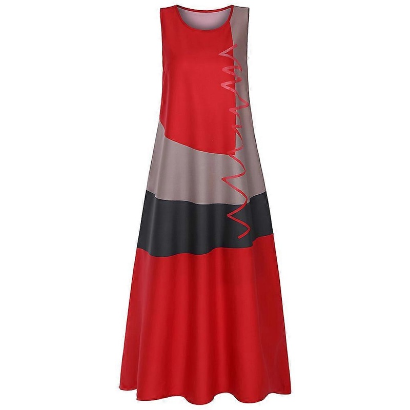 Womens Plus Size Summer Sleeveless O-Neck Maxi Long for Tank Dress Color Block Patchwork Wavy Stripe Print Vintage Casual Loose Sundress with Pockets  | Fruugo SG
