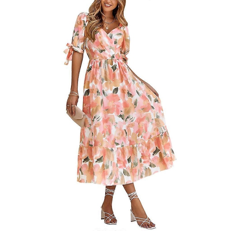 Womens Self-Tie Puff Half Sleeve V-Neck Floral Print Ruffle Hem Midi Long Dress | Fruugo SG