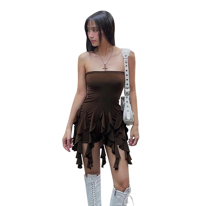 Womens Sexy Strapless Off Shoulder Bodycon Short Jumpsuits Harajuku Ruffled Tassel Hem Patchwork Sleeveless Tube Romper  brown S | Fruugo SG