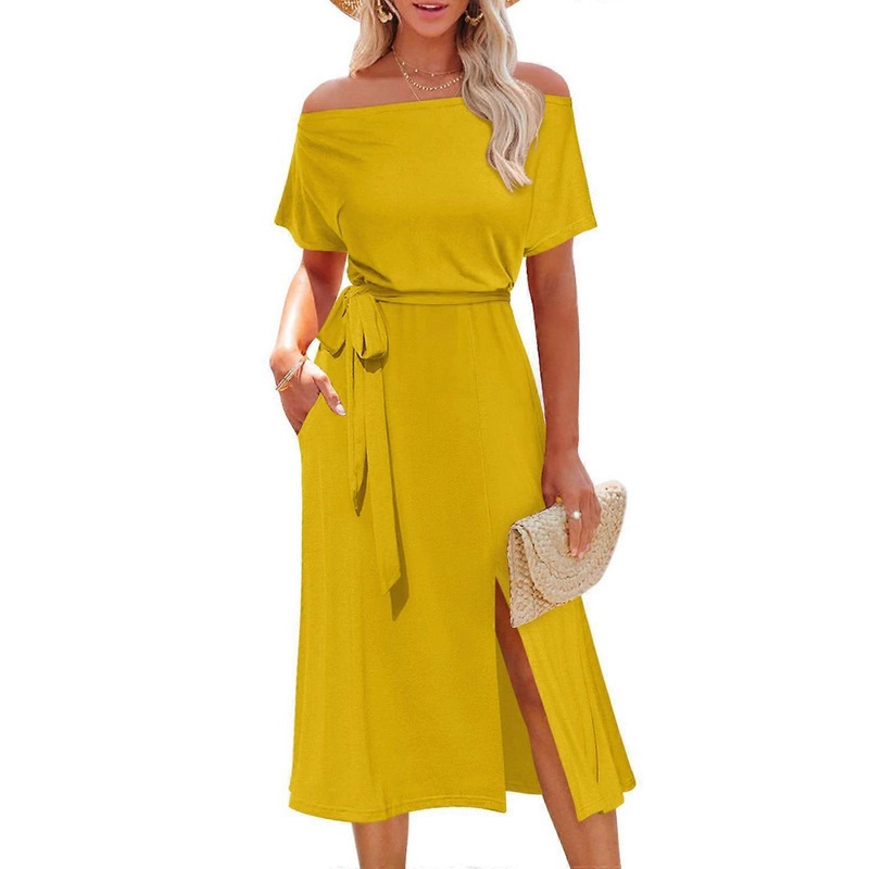 Womens Short Sleeve Belted Flared Hem A-Line Midi Dress Sexy Off Shoulder Solid Color Side Split Long Dress with Pockets  Yellow XL | Fruugo SG
