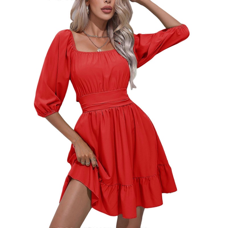 Womens Square Neck Off Shoulder Tie Back Short Lantern Sleeve Ruffle Short Dress Casual Elastic Waist A-Line Mini Dress  Red M | Fruugo SG