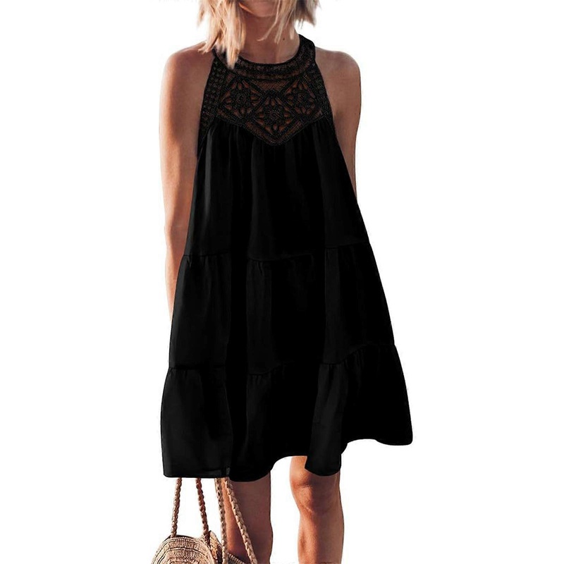 Womens Summer Casual Hollow Out Halter Neck Mini Dress Sleeveless Ruffle Tiered A-Line Flowy Dress Beach Dress Sundress  S Black | Fruugo SG