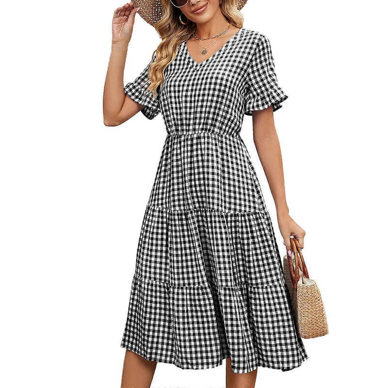 Womens Summer Short Sleeve V-Neck Flowy Midi Long Dress Plaid Print Empire High Waist A-Line Ruffle Hem Swing Dresses  Black XL | Fruugo SG