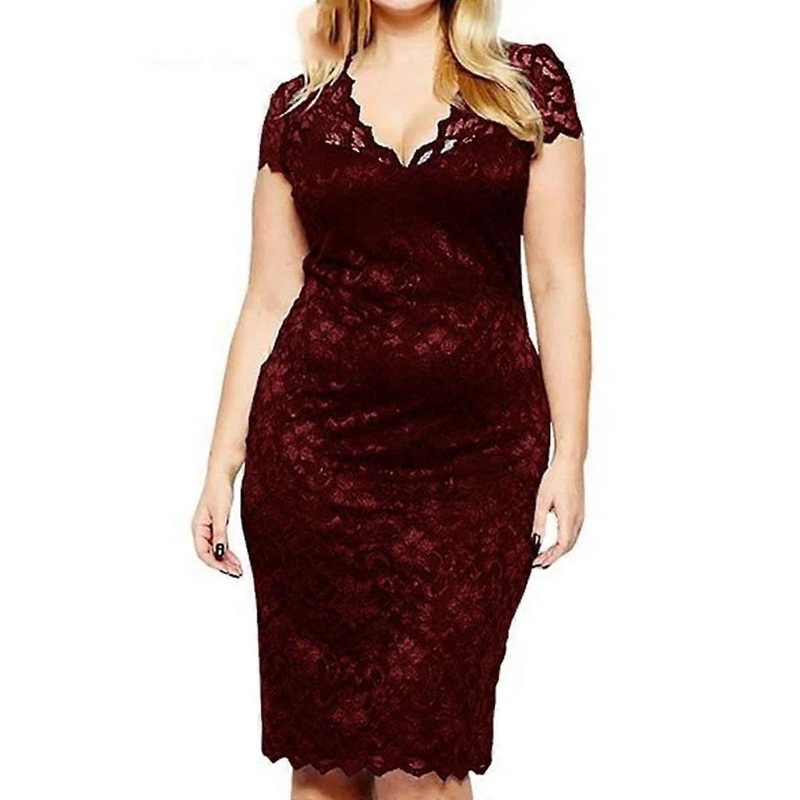 Burgundy-V-Neck Short Sleeve Plus Size Lace Dress-XL | Fruugo SG