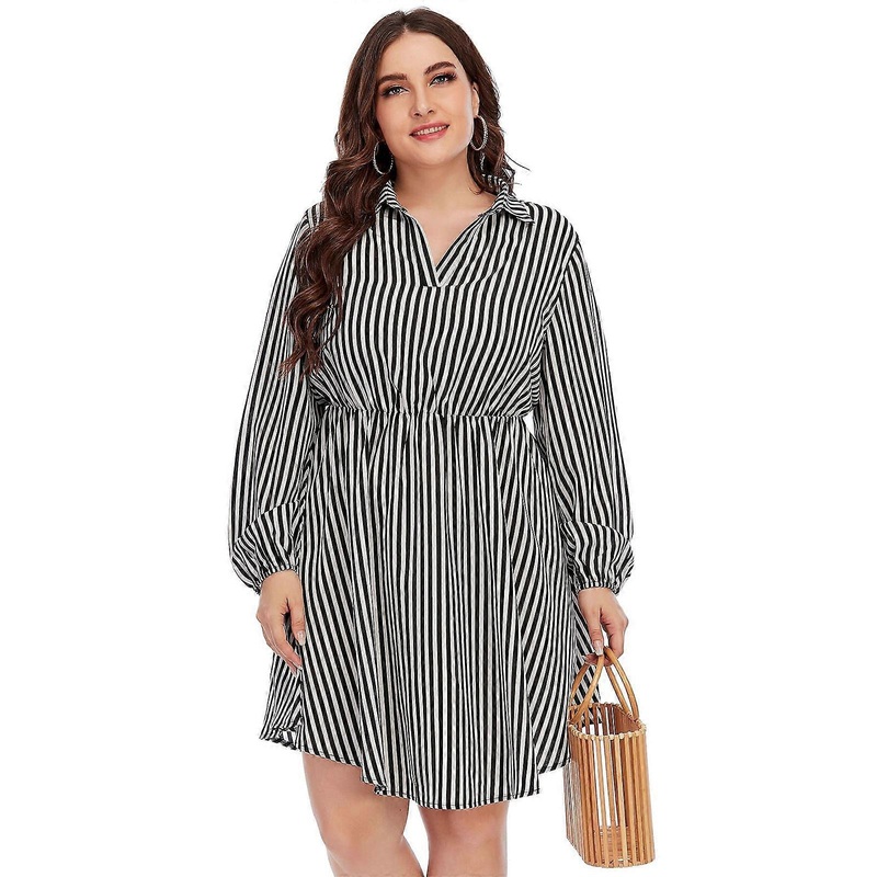 Comfortable Women Long Sleeve Boho Style Turn-down Neck Oversize Evening Party Dress Stripe Print Ladies Wedding Dress  Black XL | Fruugo SG