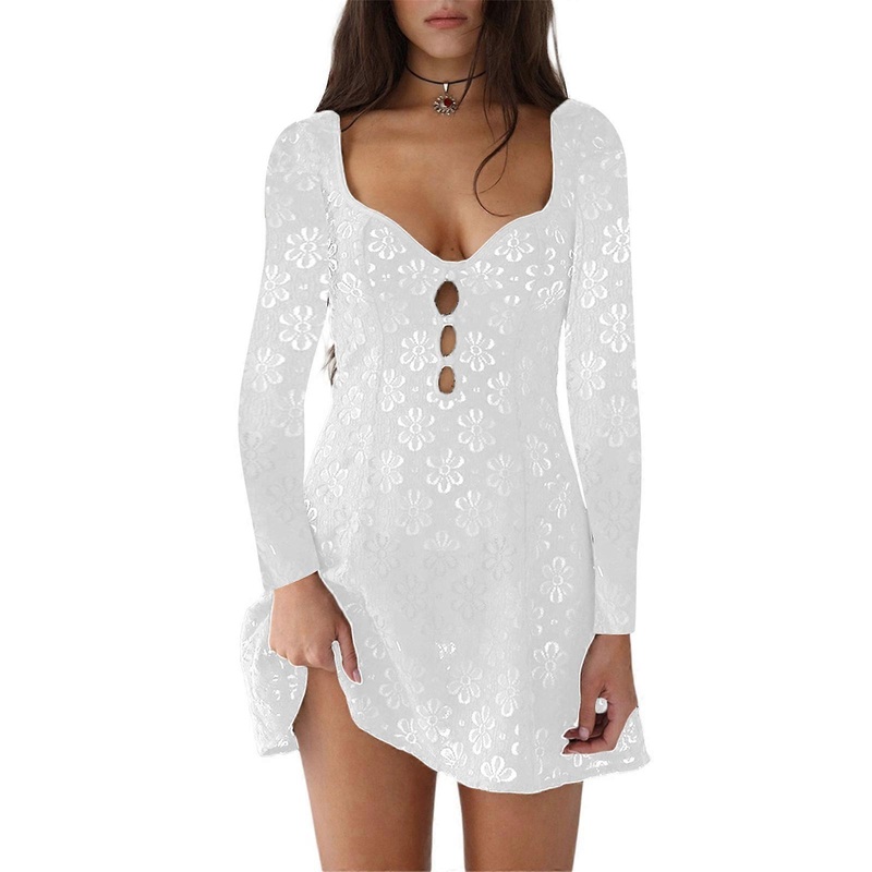 Fashion Lace Midi Dress for Women Slim Hollow out Dress Sexy Button Down Dress Vacation Dress Solid Short Sleeves Dress  White XL | Fruugo SG