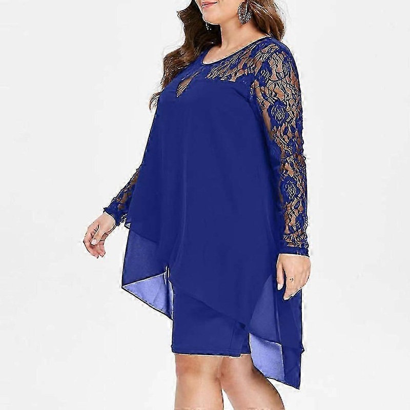 Fashion Women Casual Plus Size Sheer Lace Sleeve High Low Hem O-Neck Swing Dress 240561 | Fruugo SG