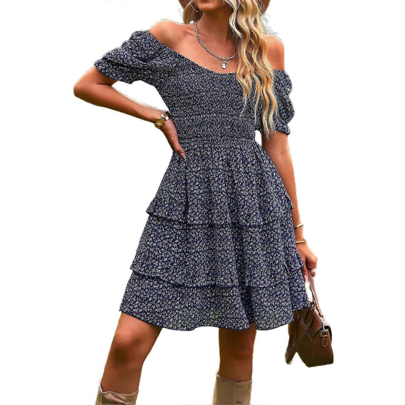 Female Layer Design Short Dress Summer Travel Seaside Vacation A-line Short Sleeve Skirt Pleated Loose Style Dress  Royal blue L | Fruugo SG