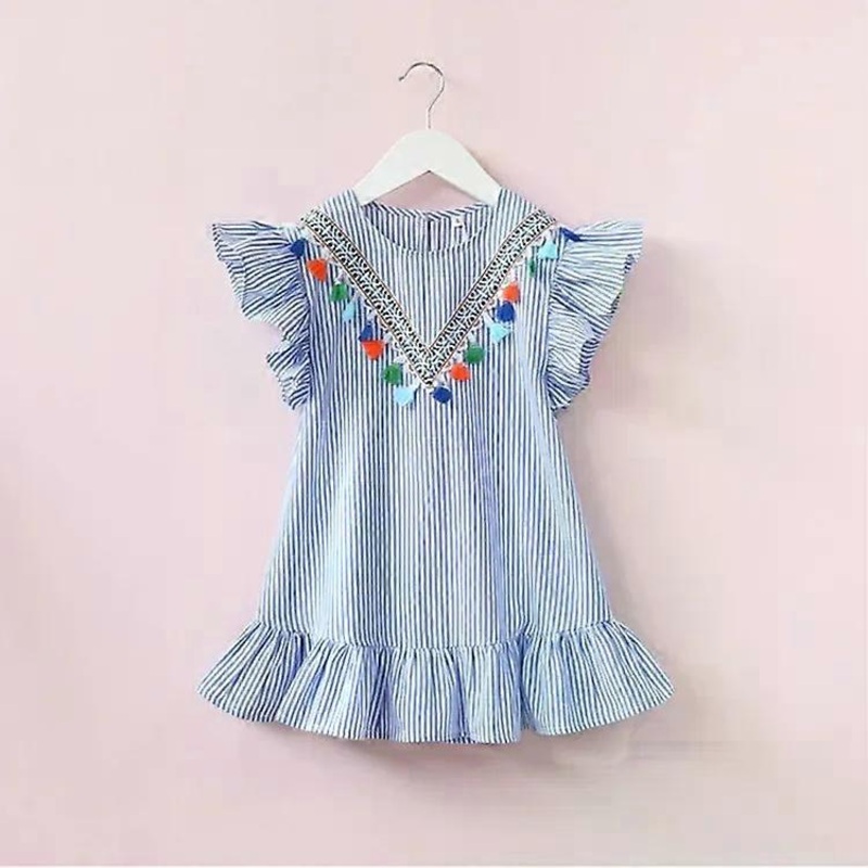 Girls Ruffled Dress-3 PCS Vertical Stripes with Tassels,90cm Blue Blue,90cm | Fruugo SG
