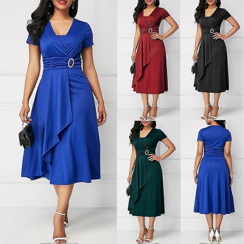 Plus Size Women Short Sleeve V Neck Asymmetric Hem Waist Tight Midi Party Dress,Blue 3XL | Fruugo SG