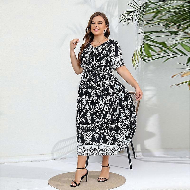 Rayon Plus Size Dress Elegant Temperament Elastic Waist V Neck Dress | Fruugo SG