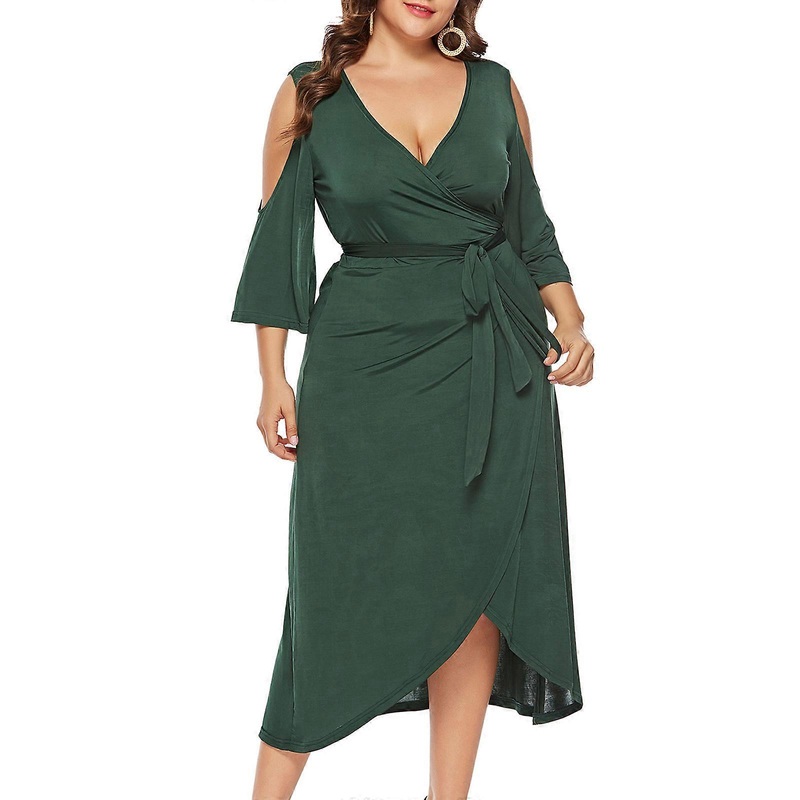 Stylish Women Vacation Dress Exquisite Cold Shoulder Dress Plus Size Dress Deep V Neck Dress Lace Up Dress for Travel  Green XXL | Fruugo SG