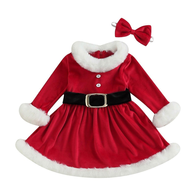 Toddler Kids Girls Christmas Dress Plush Trim Patchwork Long Sleeve A-line Princess Dress with Belt and Bow Headband 1-6T | Fruugo SG