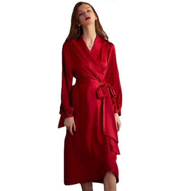 Wedding gown female bride bridesmaid ice silk long nightgown autumn wedding newlywed red pajamas (wine red M) | Fruugo SG