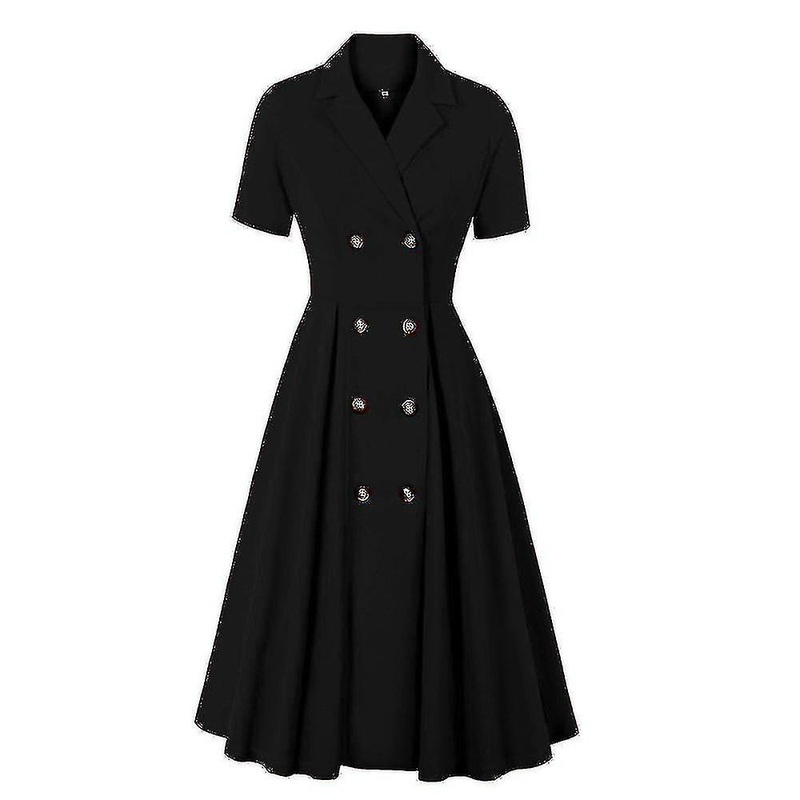 Women Elegant Vintage Short Sleeve Lapel Dress Double-breasted Hepburn Dresses -c | Fruugo SG