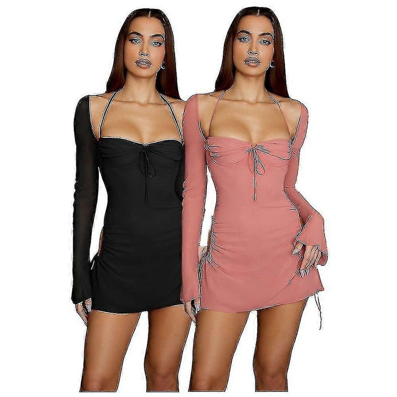 Women Flare Long Sleeve Pink Dress Fashion Square Collar Bandage Robes Sexy Cut Out Party Club Vestidos | Fruugo SG