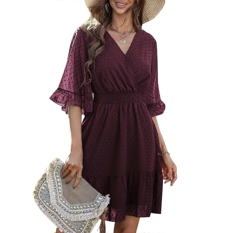 Women Girl Summer Short Sleeve V-neck Mini Dress Chiffon Swiss-Dot Flowy Short Dress Fashion Solid Color Waist Dress  wine red XL | Fruugo SG