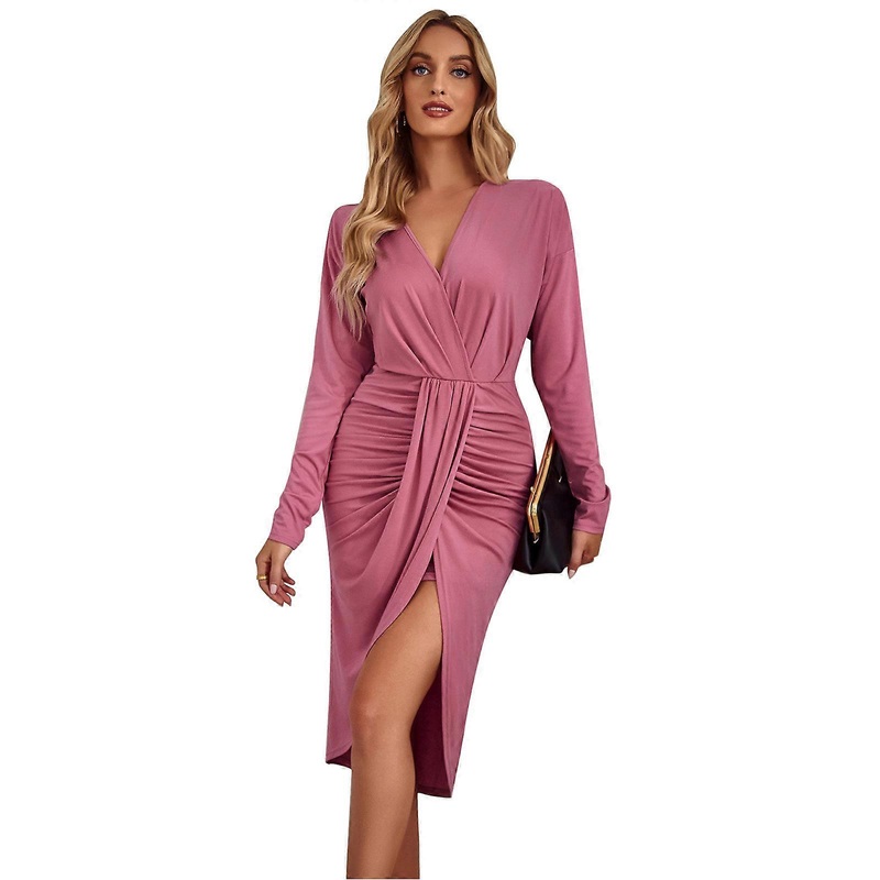 Women Long Sleeve Ruched Wrap Split Hem Midi Bodycon Dress Solid Color Slim Package Hip Asymmetrical Evening Dresses  Pink XL | Fruugo SG