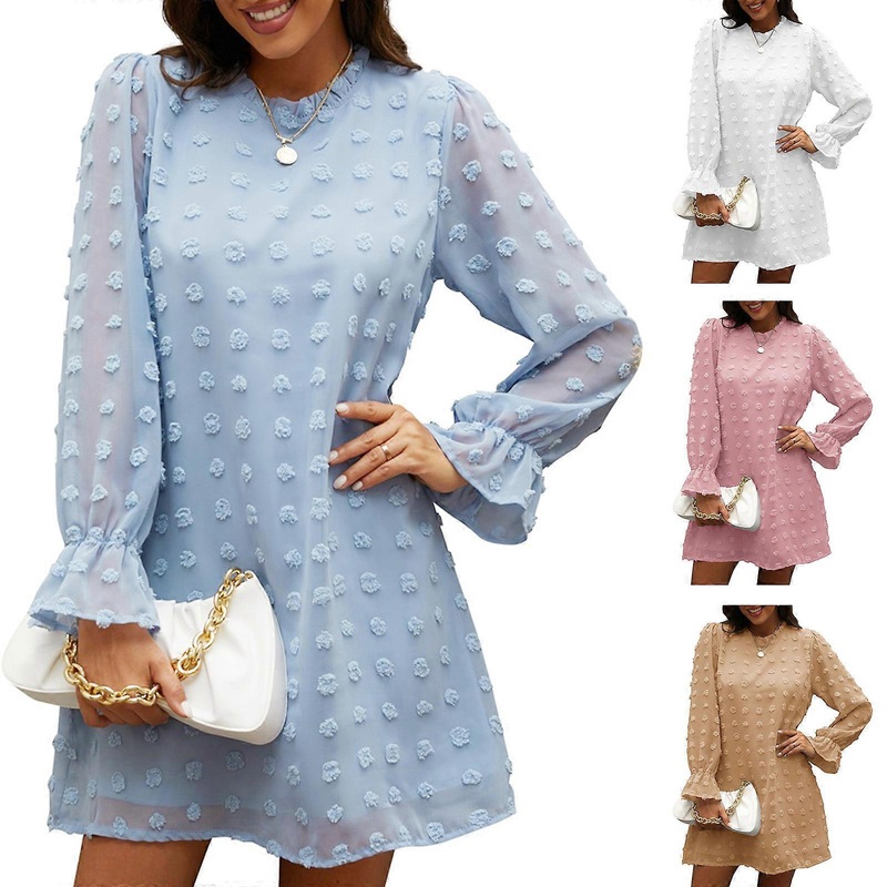 Women Puff Long Sleeve Ruffle Round Neck Chiffon Midi Dress Elegant for Swiss Dot Solid Color Casual Loose Flared Tunic  Pink XXL | Fruugo SG
