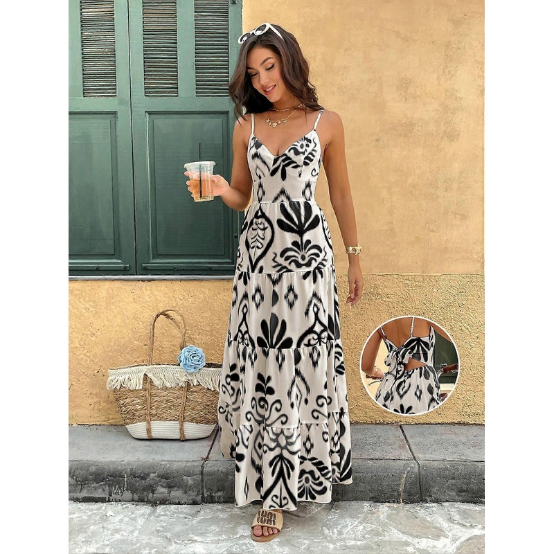 Women’s Bohemian Style Belted Spaghetti Strap Patchwork Dress Maxi Vacation Beach Outfit | Fruugo SG