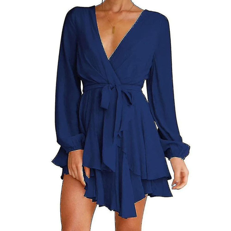 Women’s Deep V-neck Long Sleeve Belted Waist Lace-up Mini Swing Skater _y | Fruugo SG