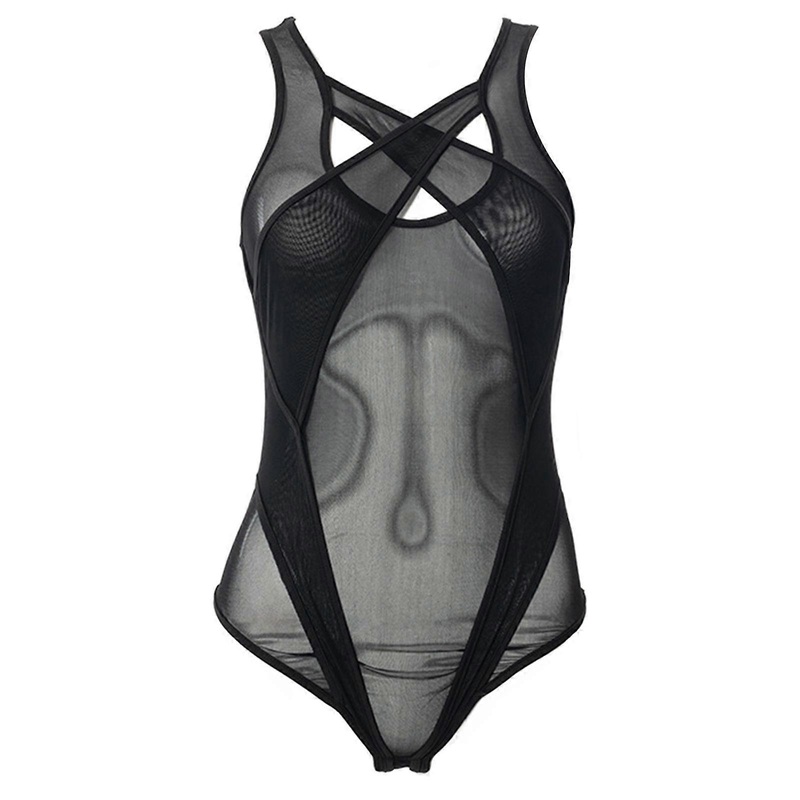 Women Sexy Cutout Crisscross Patchwork Sleeveless Bodysuit See Through Mesh Colorblock Bodycon Leotard Jumpsuit Clubwear  Black S | Fruugo SG