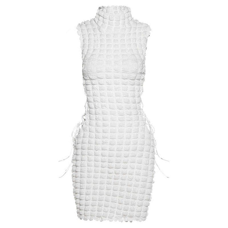 Women Sexy Sleeveless Turtleneck Side Cutout Lace-Up Mini Bodycon Dress Solid Color Stacked Bubble Plaid Ruched Drawstring Party Clubwear  White XL | Fruugo SG