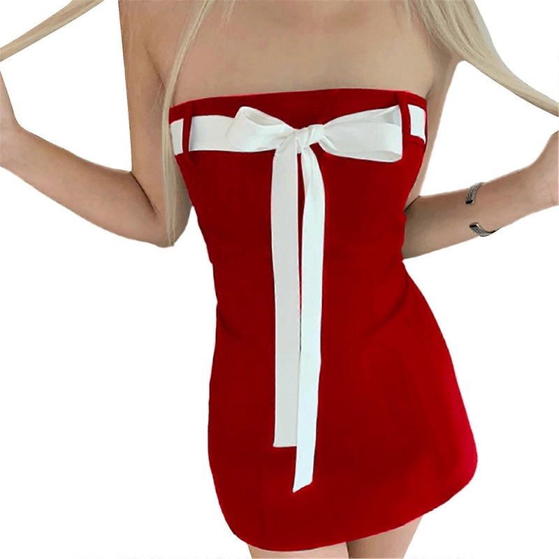 Women Sexy Strapless Chest Wrapping Bodycon Mini Dress Cute Lace-Up Bow Patchwork Sleeveless Backless A-Line Tube Dress  Red M | Fruugo SG