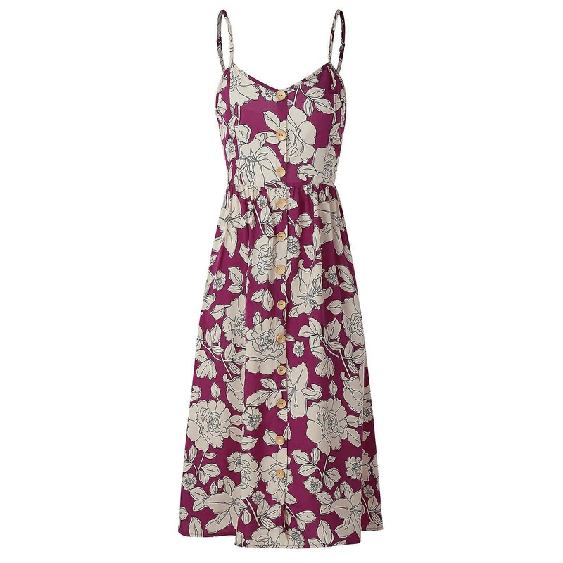 Women Sleeveless Beach Party Midi Dress Elastic Empire Waist Vintage Floral Print Backless A-Line Swing Button Sundress  Purple M | Fruugo SG