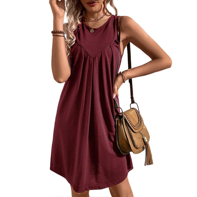 Women Solid Color Pleated Dress Ladies Sleeveless Dress Crew Neck Dress Summer Dress Holiday Dress Female Casual Dress  Burgundy XL | Fruugo SG