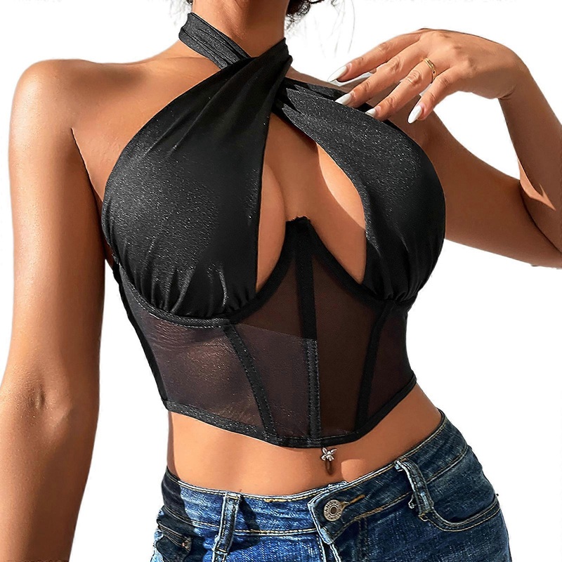 Women Strappy for Cross Over Front Cut Out Halter Neck Sleeveless Backless Crop Top Bandage Vest Summer Clothing  Black S | Fruugo SG