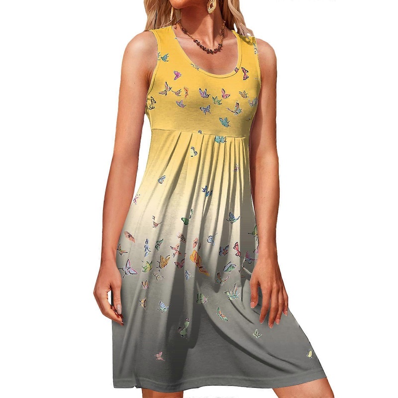 Women Summer Sleeveless Floral Print Dress Casual High Waist A-Line Dress Round Neck Party Beach Dress  yellow butterfly XL | Fruugo SG