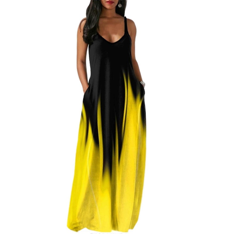 Women Summer Spaghetti Strap Flared Hem Maxi-Long Dress Gradient-Color Beach Holiday Party Cami Dresses with Pockets  light yellow XL | Fruugo SG