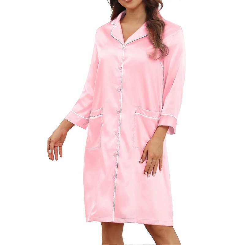 Women V Neck Nightshirt Pure Color Stylish Elegant Button Closure Nightgown Pajama Dress with Pocket | Fruugo SG